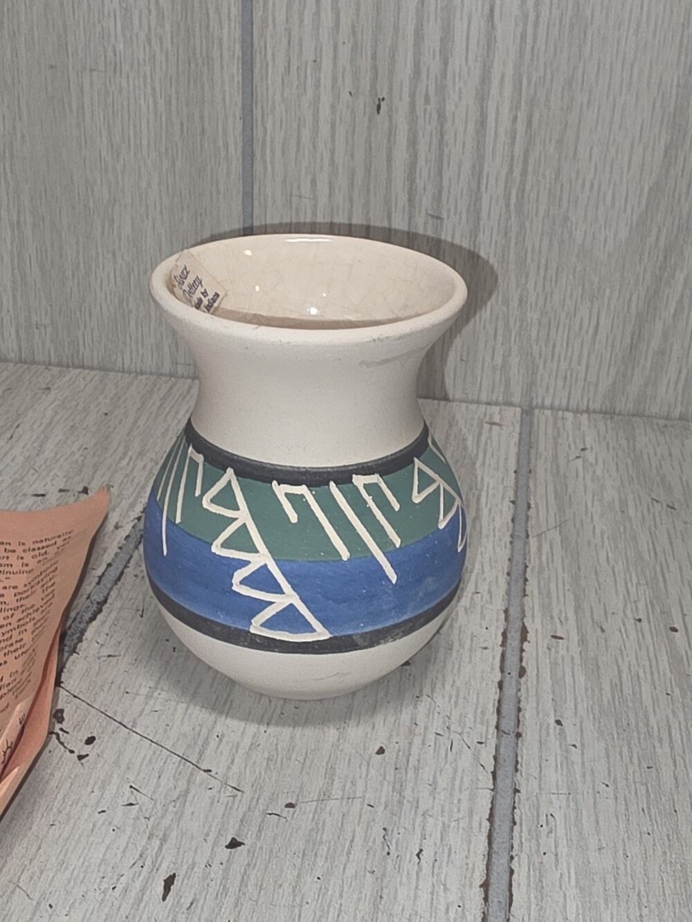 Vtg Native American Sioux Pottery Vase South Dakota 3.5” Blue Signed W/OG Paper